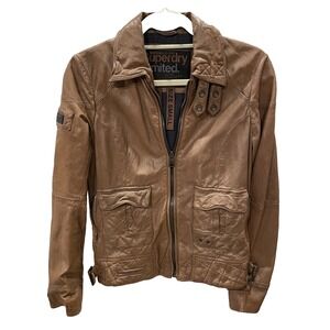 SUPERDRY LIMITED Japan British Design Women's Brown Leather Motorcycle Jacket Sm